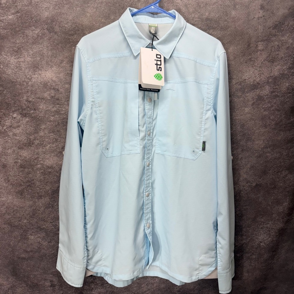 Stio Vented Snap Button Long Sleeve Fishing Shirt Size M Light Blue Ripstop